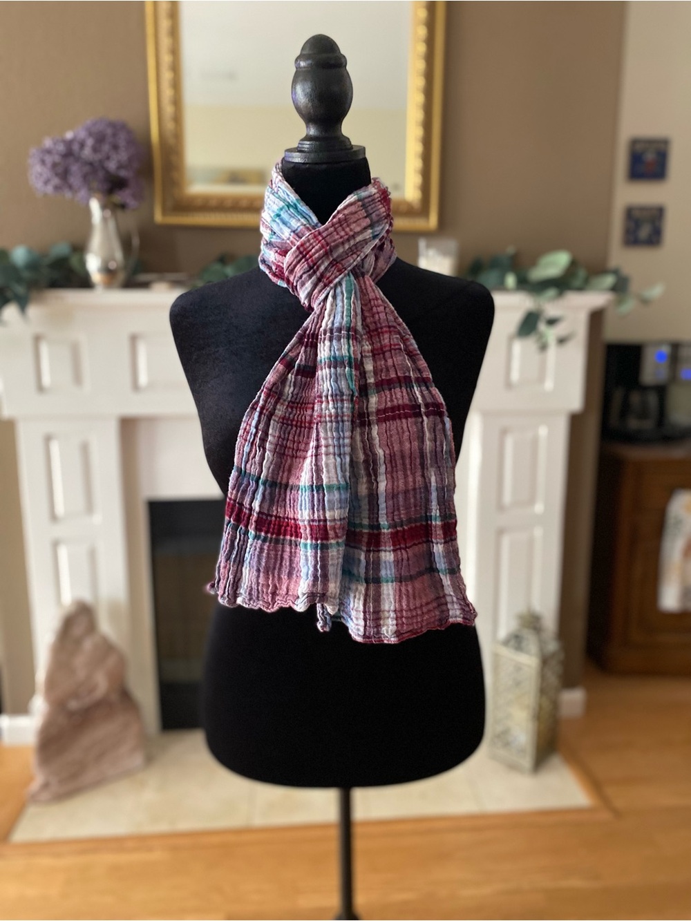 Plaid Lightweight Reversible Scarf in Maroon and Blue - Women Accessories